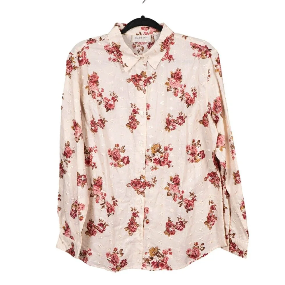 Lemon Grass VTG Button Up Shirt L Womens Floral Embroidered Cream 100% Cotton - Picture 1 of 5